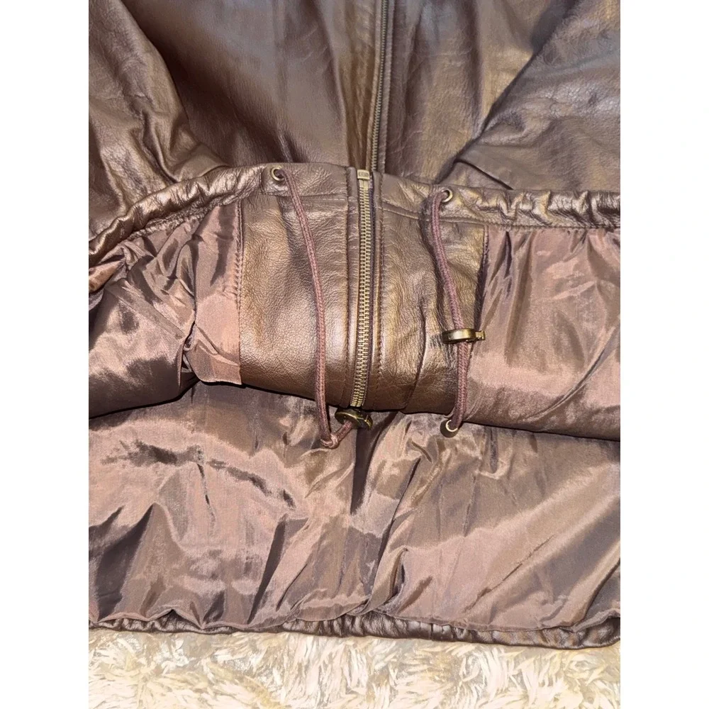 Vintage Spiegel Women 1X Brown Leather Full Zip Jacket with Pockets Draw Strings